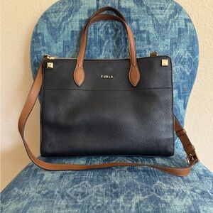 Furla Black front with Grey sides and Brown Leather adjustablestrap and handles